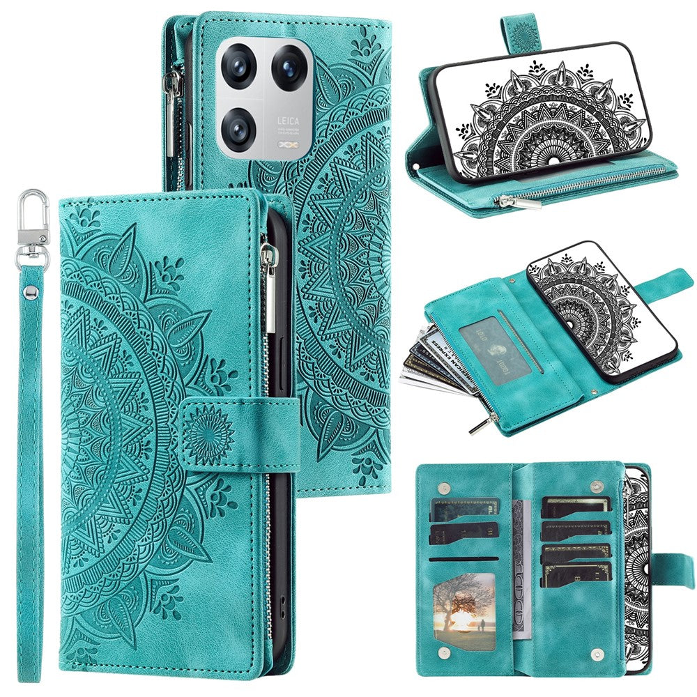 Xiaomi 13 Stötsäkert Mobilmobilfodral PU-läder Mandala Blomma Präglat Korthållare Blixtlåsficka Flip Plånbok mobilfodral Stativ med Rem