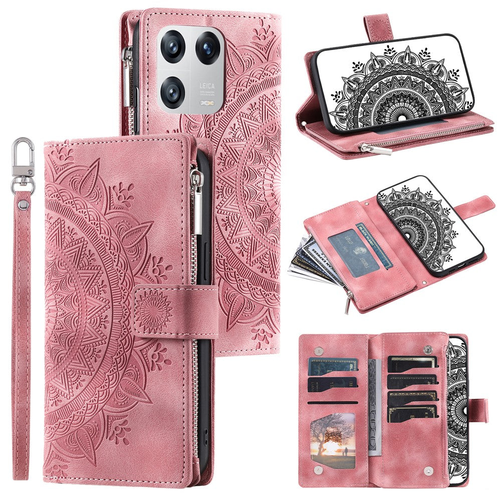 For Xiaomi 13 Shockproof Cell Phone Cover PU Leather Mandala Flower Imprinted Card Holder Zipper Pocket Flip Wallet Phone Case Stand with Strap