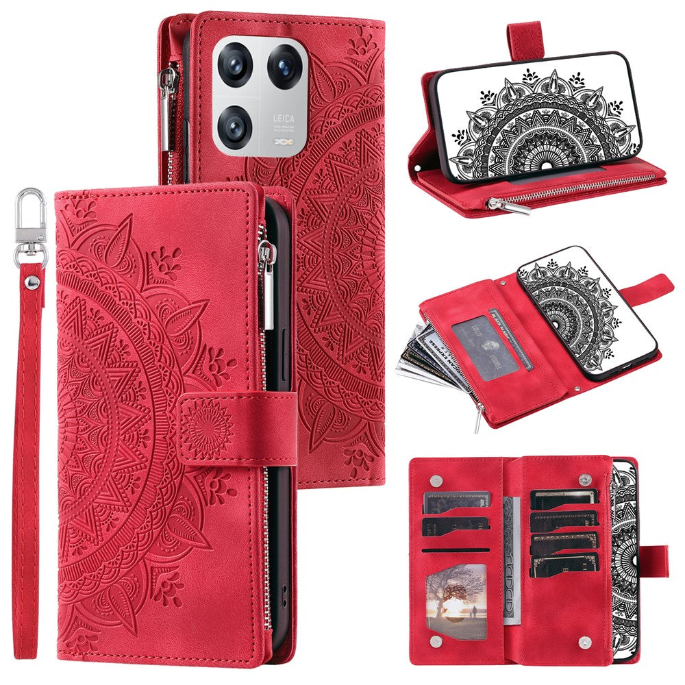 For Xiaomi 13 Shockproof Cell Phone Cover PU Leather Mandala Flower Imprinted Card Holder Zipper Pocket Flip Wallet Phone Case Stand with Strap