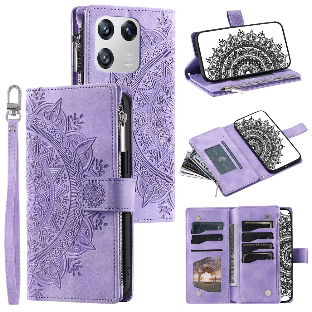 Xiaomi 13 Stötsäkert Mobilmobilfodral PU-läder Mandala Blomma Präglat Korthållare Blixtlåsficka Flip Plånbok mobilfodral Stativ med Rem