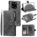 Mobilmobilskal för Xiaomi 13 Pro 5G PU-läder Mandala-blomma-präglad korthållare magnetisk stängning dragkedja-ficka plånboksfodral med stativ och rem
