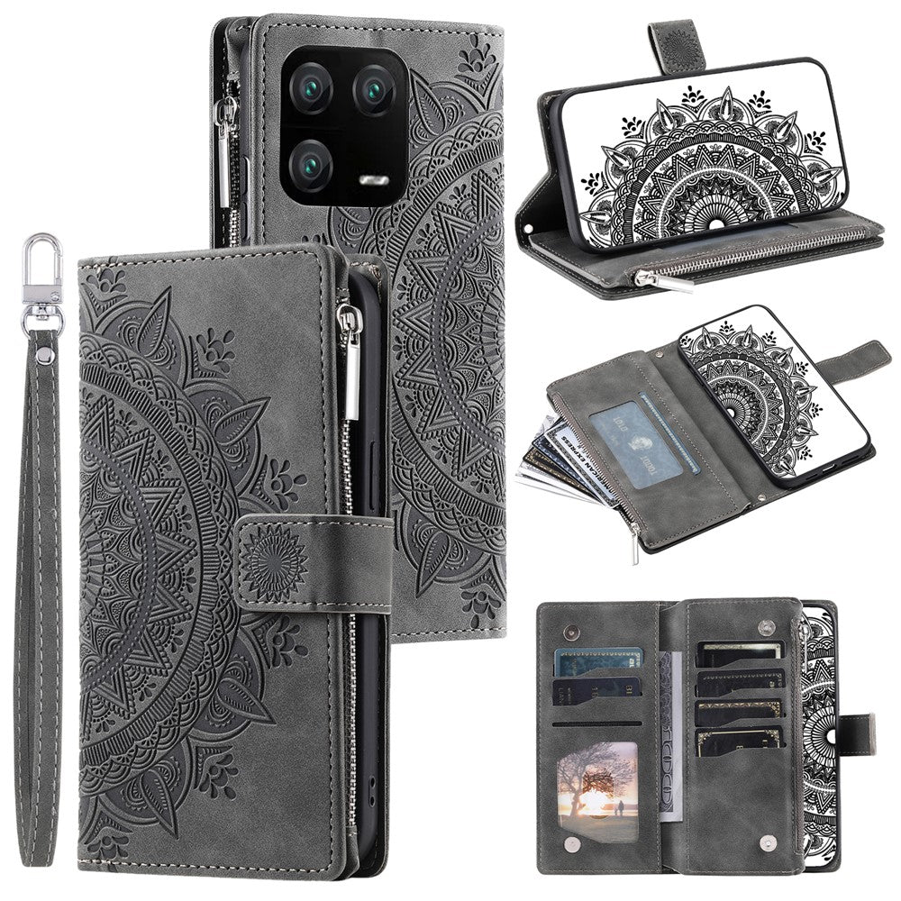 Mobilmobilskal för Xiaomi 13 Pro 5G PU-läder Mandala-blomma-präglad korthållare magnetisk stängning dragkedja-ficka plånboksfodral med stativ och rem