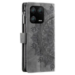 Mobilmobilskal för Xiaomi 13 Pro 5G PU-läder Mandala-blomma-präglad korthållare magnetisk stängning dragkedja-ficka plånboksfodral med stativ och rem