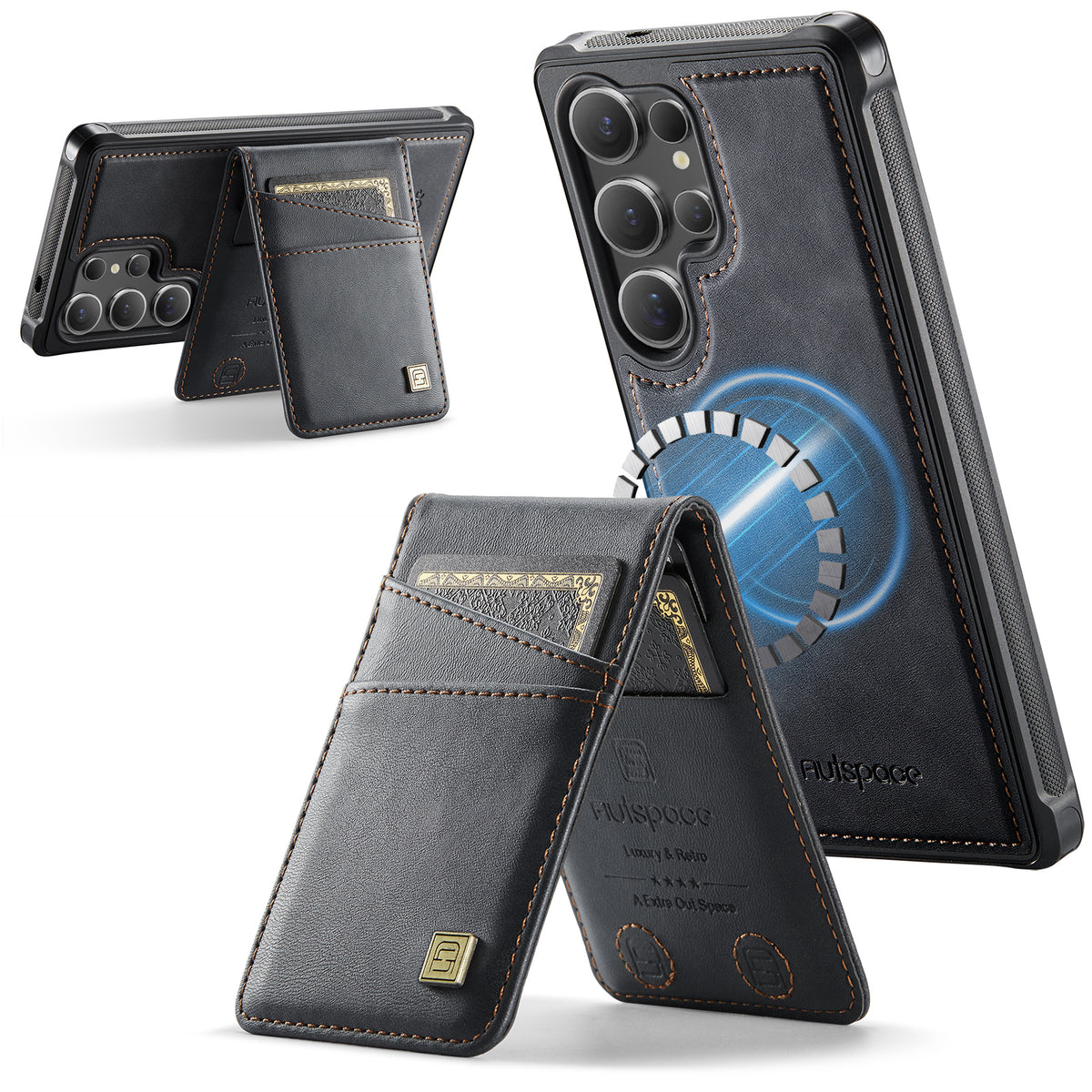 AUTSPACE for Samsung Galaxy S26 Ultra Case  A12 Leather Back Cover with Magnetic Detachable Card Bag Kickstand