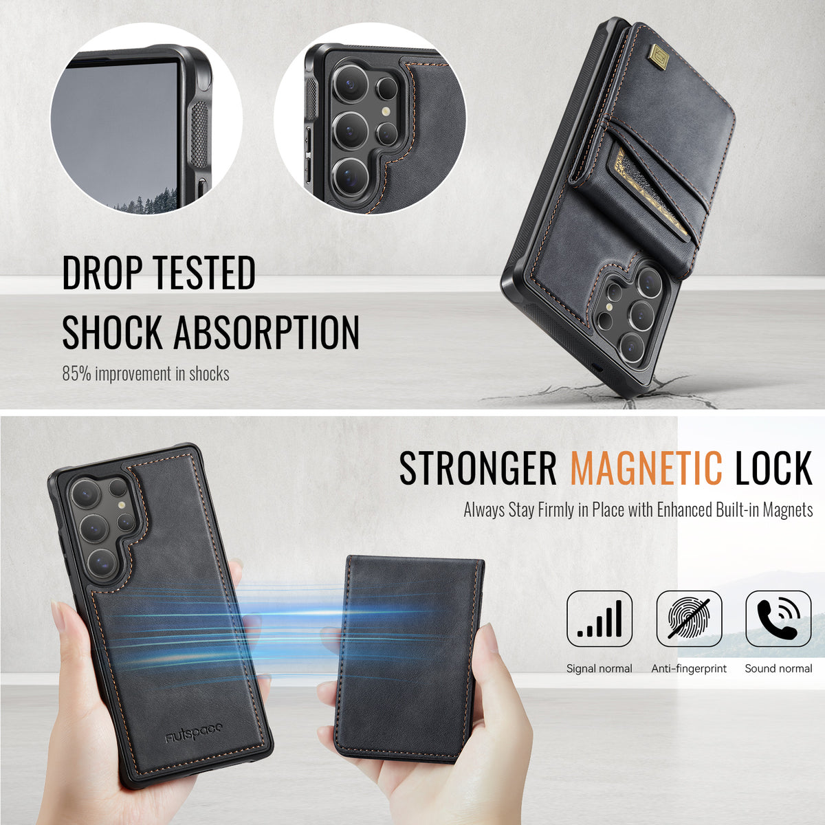 AUTSPACE for Samsung Galaxy S26 Ultra Case  A12 Leather Back Cover with Magnetic Detachable Card Bag Kickstand