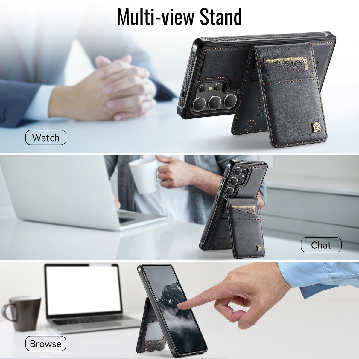AUTSPACE for Samsung Galaxy S26 Ultra Case  A12 Leather Back Cover with Magnetic Detachable Card Bag Kickstand