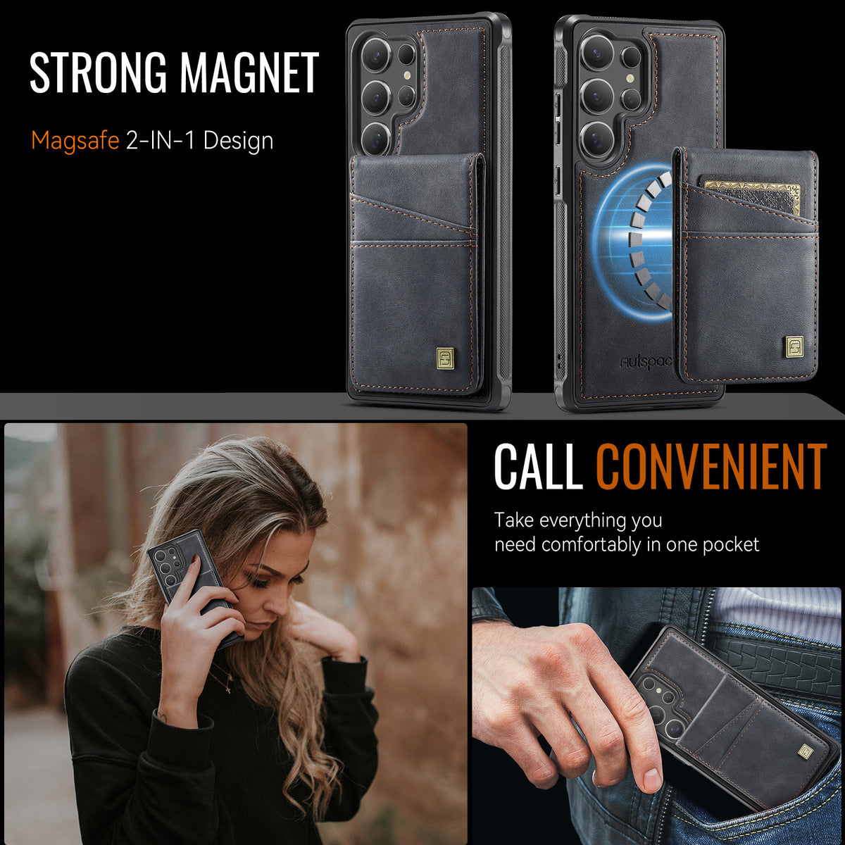 AUTSPACE for Samsung Galaxy S26 Ultra Case  A12 Leather Back Cover with Magnetic Detachable Card Bag Kickstand