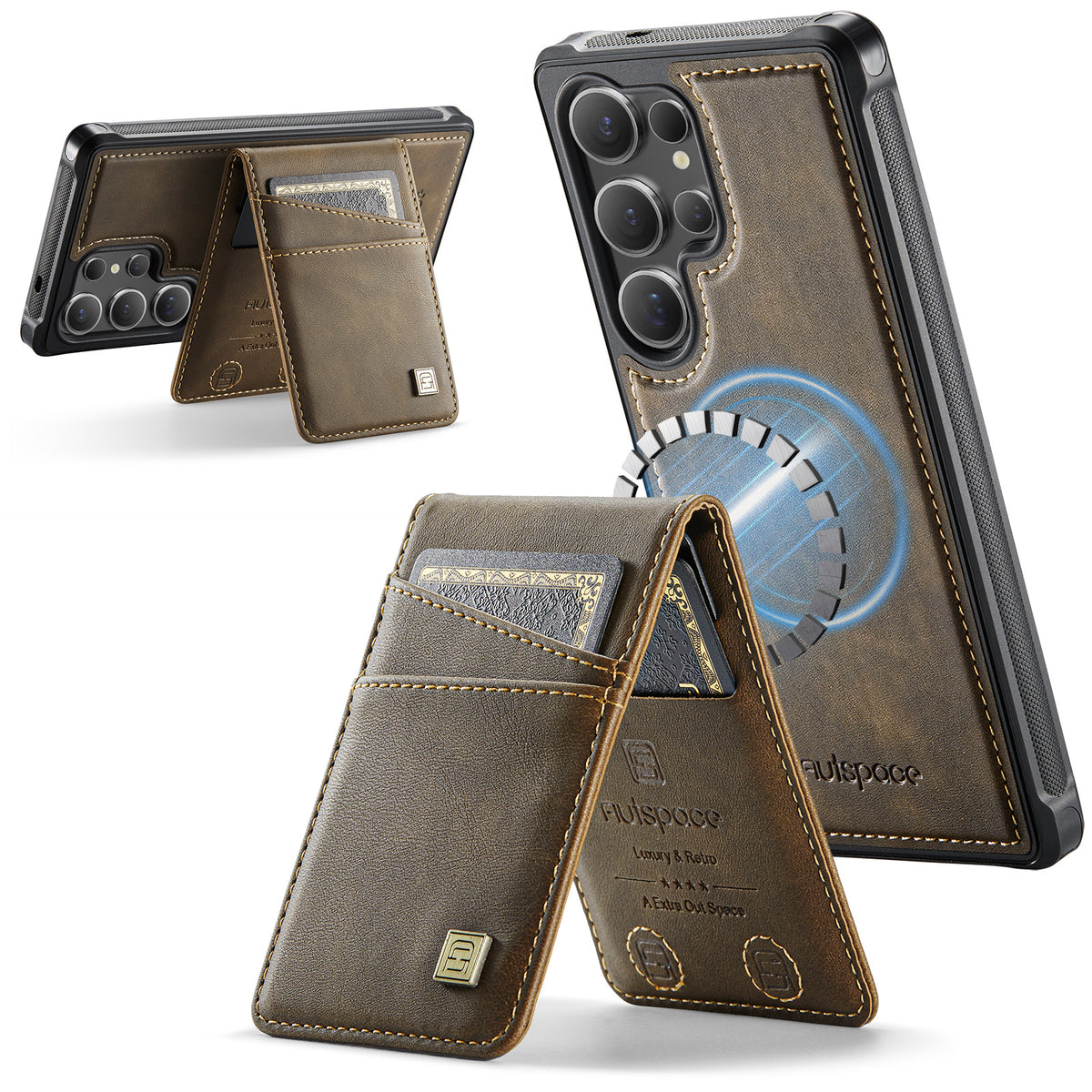 AUTSPACE for Samsung Galaxy S26 Ultra Case  A12 Leather Back Cover with Magnetic Detachable Card Bag Kickstand