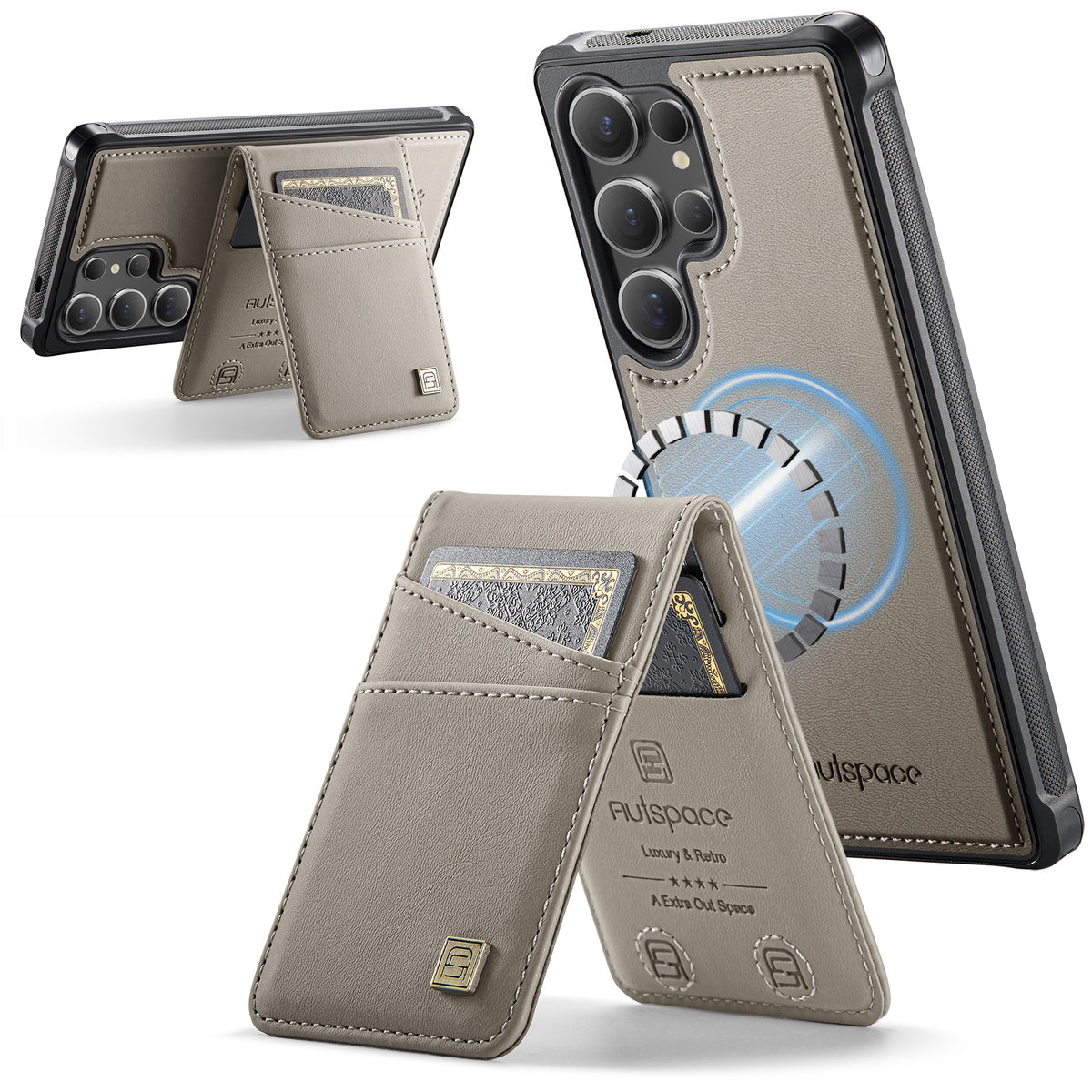AUTSPACE for Samsung Galaxy S26 Ultra Case  A12 Leather Back Cover with Magnetic Detachable Card Bag Kickstand