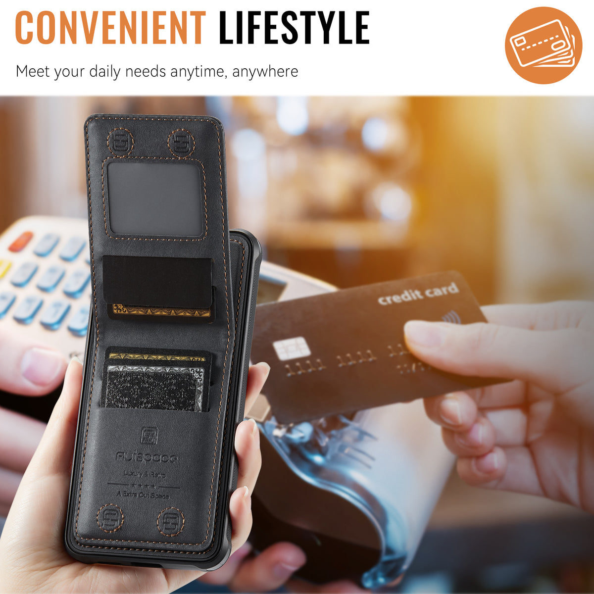 AUTSPACE for Samsung Galaxy S26 Case  A12 Leather Back Cover with Magnetic Detachable Card Bag Kickstand