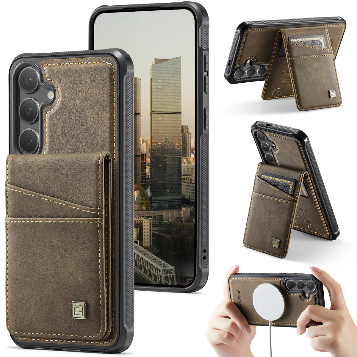 AUTSPACE for Samsung Galaxy S26+ Case  A12 Leather Back Cover with Magnetic Detachable Card Bag Kickstand