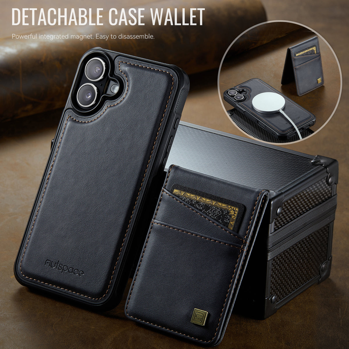 AUTSPACE for iPhone 17 Case  A12 Leather Back Cover with Magnetic Detachable Card Bag Kickstand