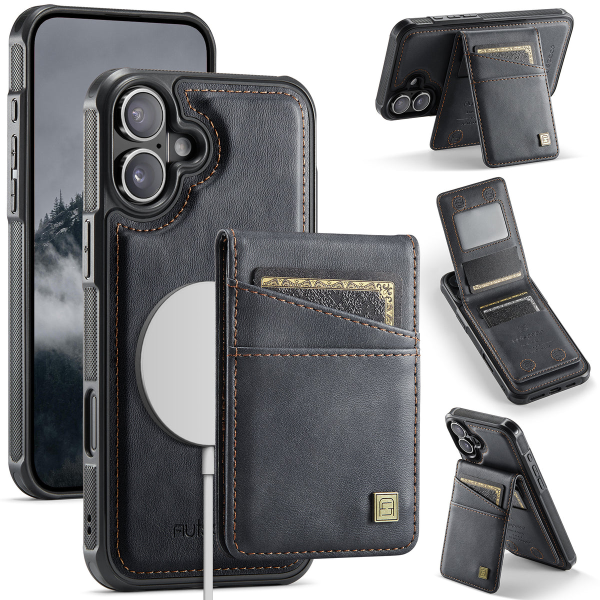 AUTSPACE for iPhone 17 Case  A12 Leather Back Cover with Magnetic Detachable Card Bag Kickstand
