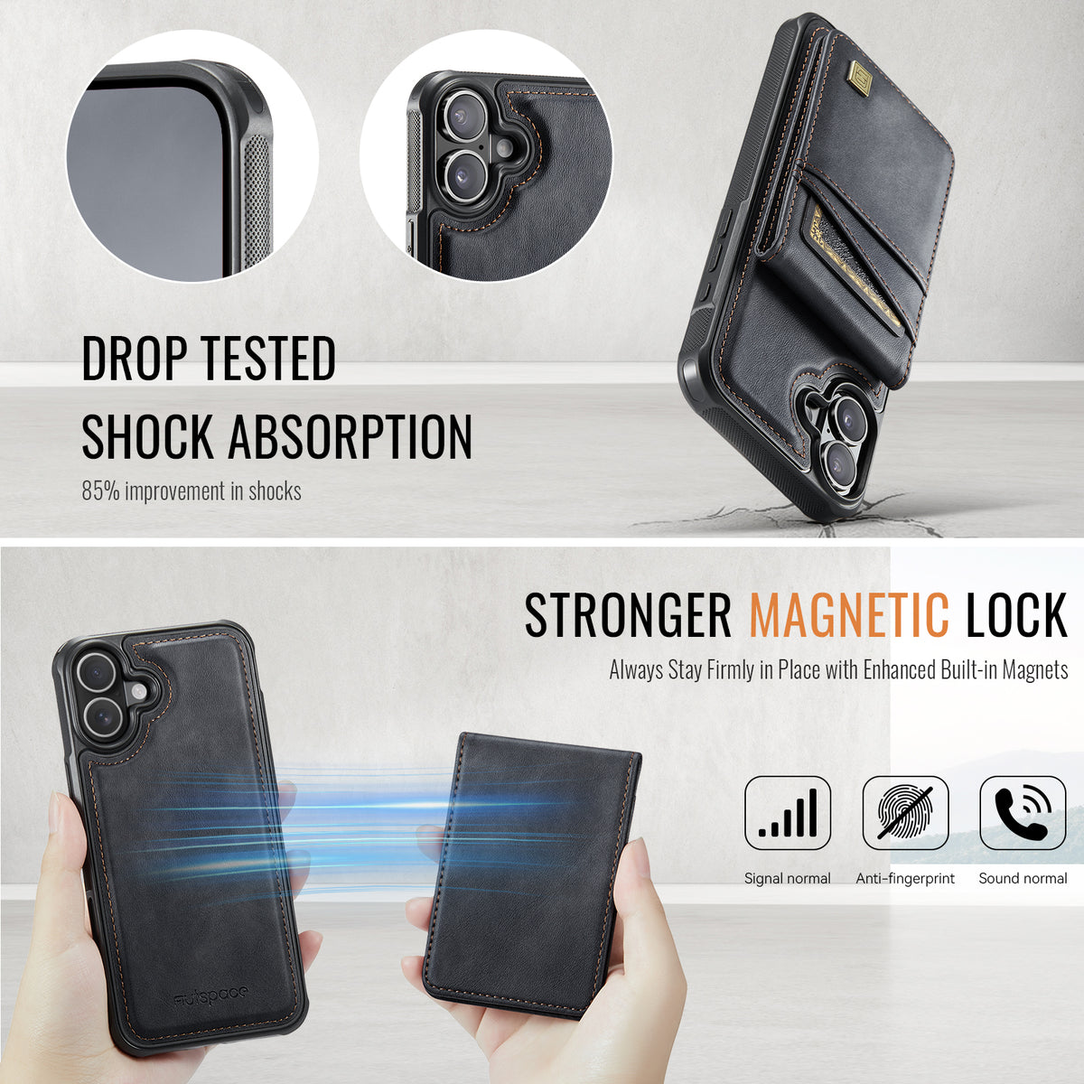 AUTSPACE for iPhone 17 Case  A12 Leather Back Cover with Magnetic Detachable Card Bag Kickstand