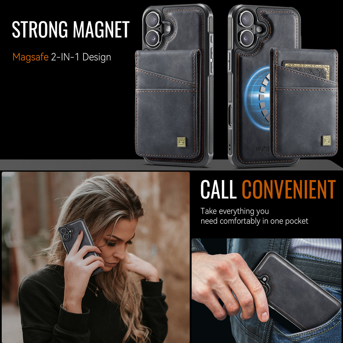 AUTSPACE for iPhone 17 Case  A12 Leather Back Cover with Magnetic Detachable Card Bag Kickstand