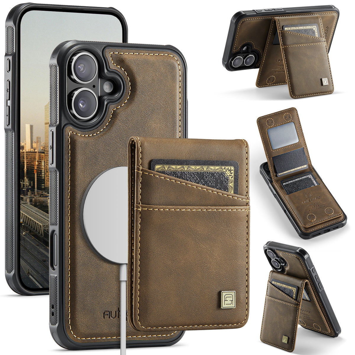AUTSPACE for iPhone 17 Case  A12 Leather Back Cover with Magnetic Detachable Card Bag Kickstand