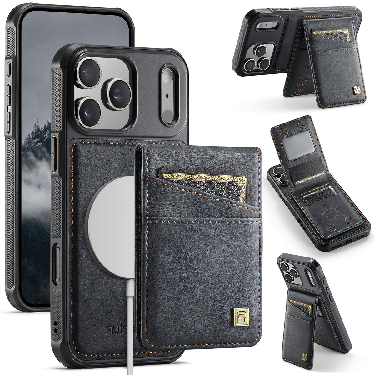 AUTSPACE for iPhone 17 Pro Case A12 Leather Back Cover with Magnetic Detachable Card Bag Kickstand