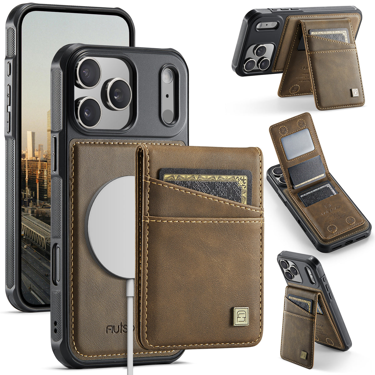 AUTSPACE for iPhone 17 Pro Case A12 Leather Back Cover with Magnetic Detachable Card Bag Kickstand