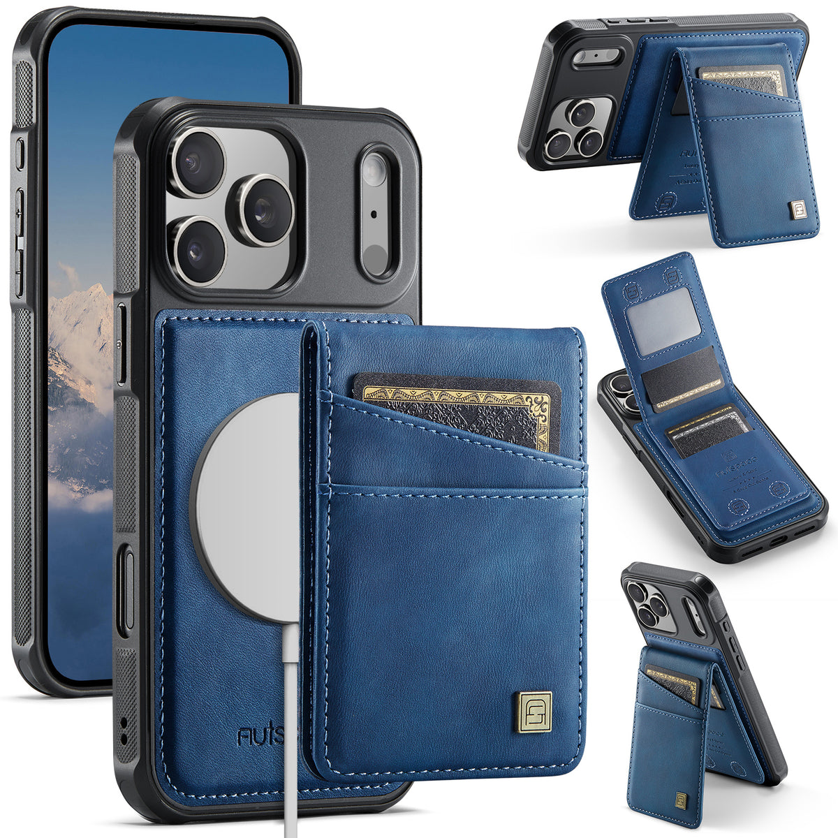 AUTSPACE for iPhone 17 Pro Case A12 Leather Back Cover with Magnetic Detachable Card Bag Kickstand