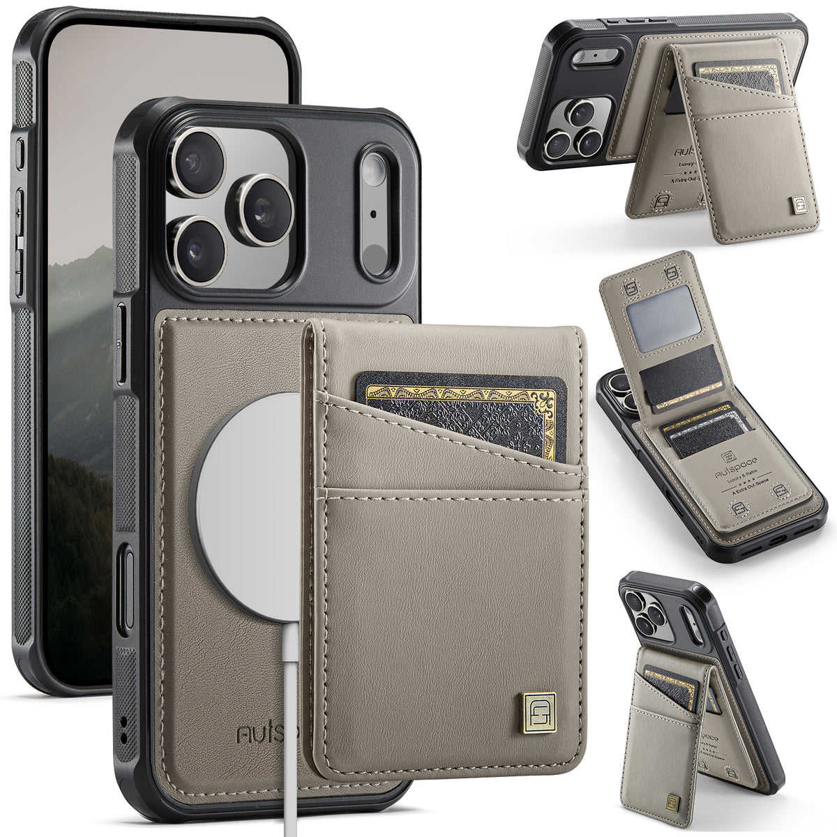 AUTSPACE for iPhone 17 Pro Case A12 Leather Back Cover with Magnetic Detachable Card Bag Kickstand