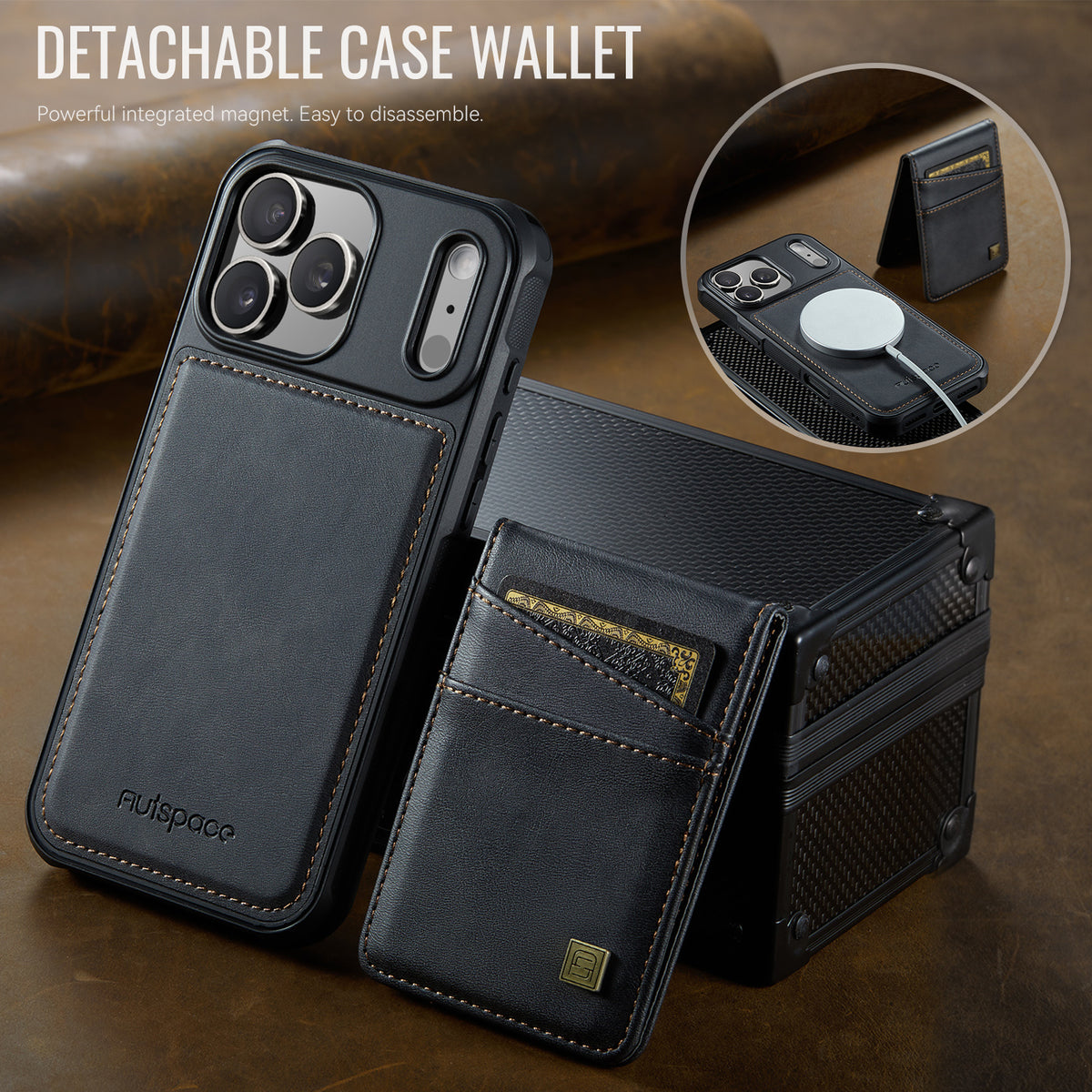 AUTSPACE for iPhone 17 Pro Max Case  A12 Leather Back Cover with Magnetic Detachable Card Bag Kickstand