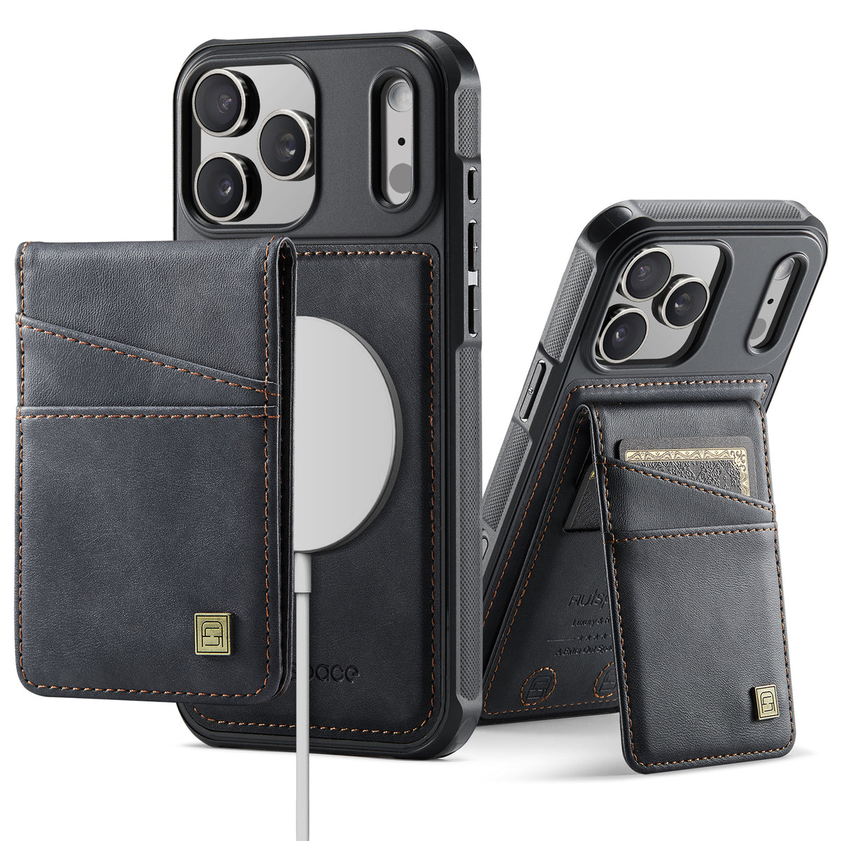 AUTSPACE for iPhone 17 Pro Max Case  A12 Leather Back Cover with Magnetic Detachable Card Bag Kickstand