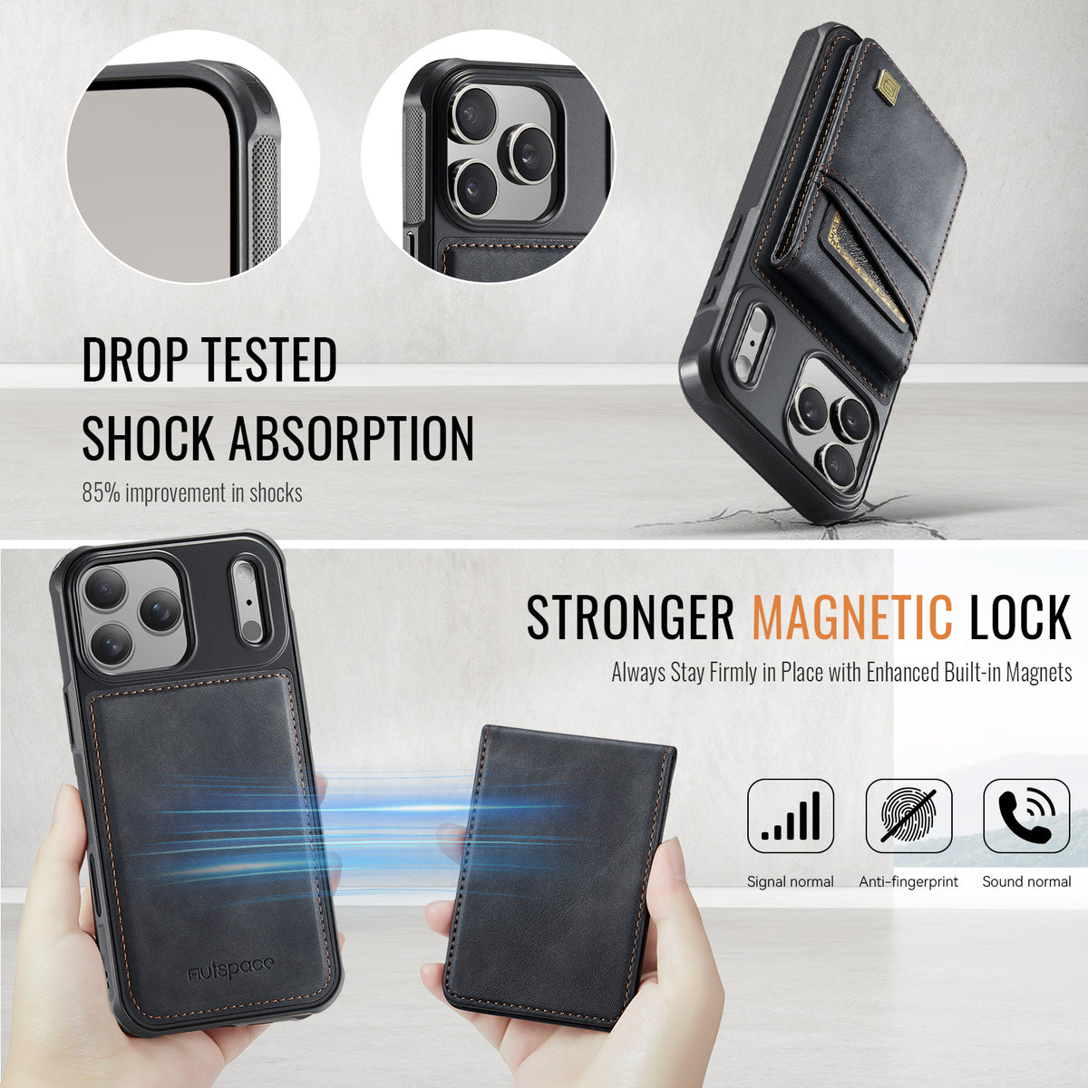 AUTSPACE for iPhone 17 Pro Max Case  A12 Leather Back Cover with Magnetic Detachable Card Bag Kickstand