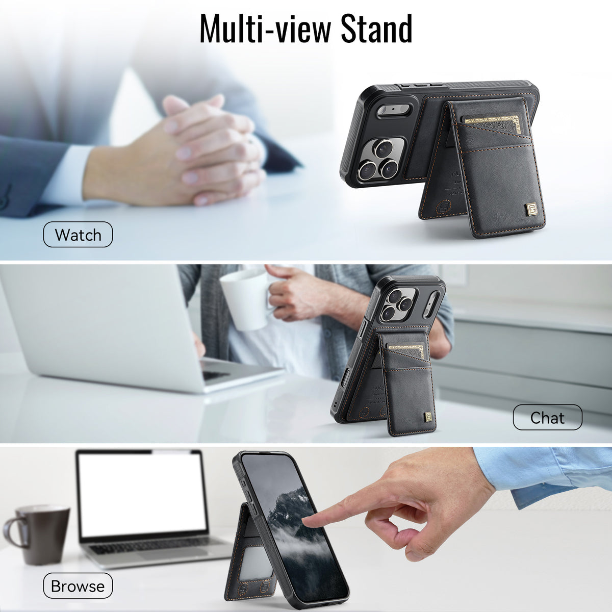 AUTSPACE for iPhone 17 Pro Max Case  A12 Leather Back Cover with Magnetic Detachable Card Bag Kickstand