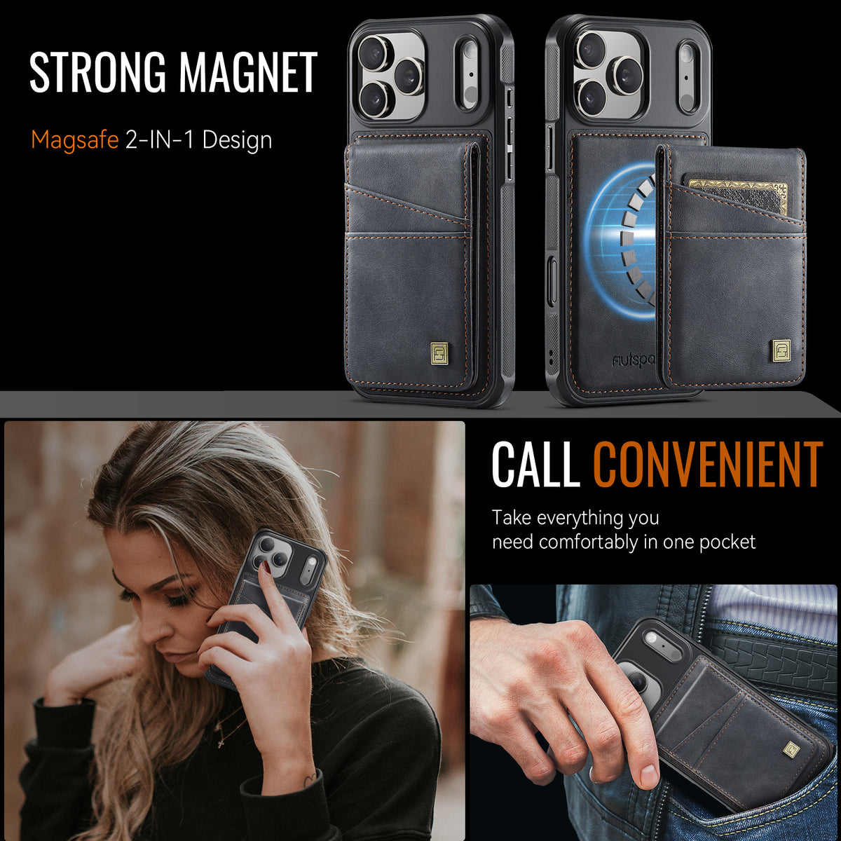 AUTSPACE for iPhone 17 Pro Max Case  A12 Leather Back Cover with Magnetic Detachable Card Bag Kickstand