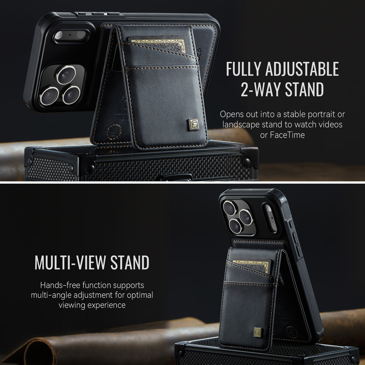 AUTSPACE for iPhone 17 Pro Max Case  A12 Leather Back Cover with Magnetic Detachable Card Bag Kickstand