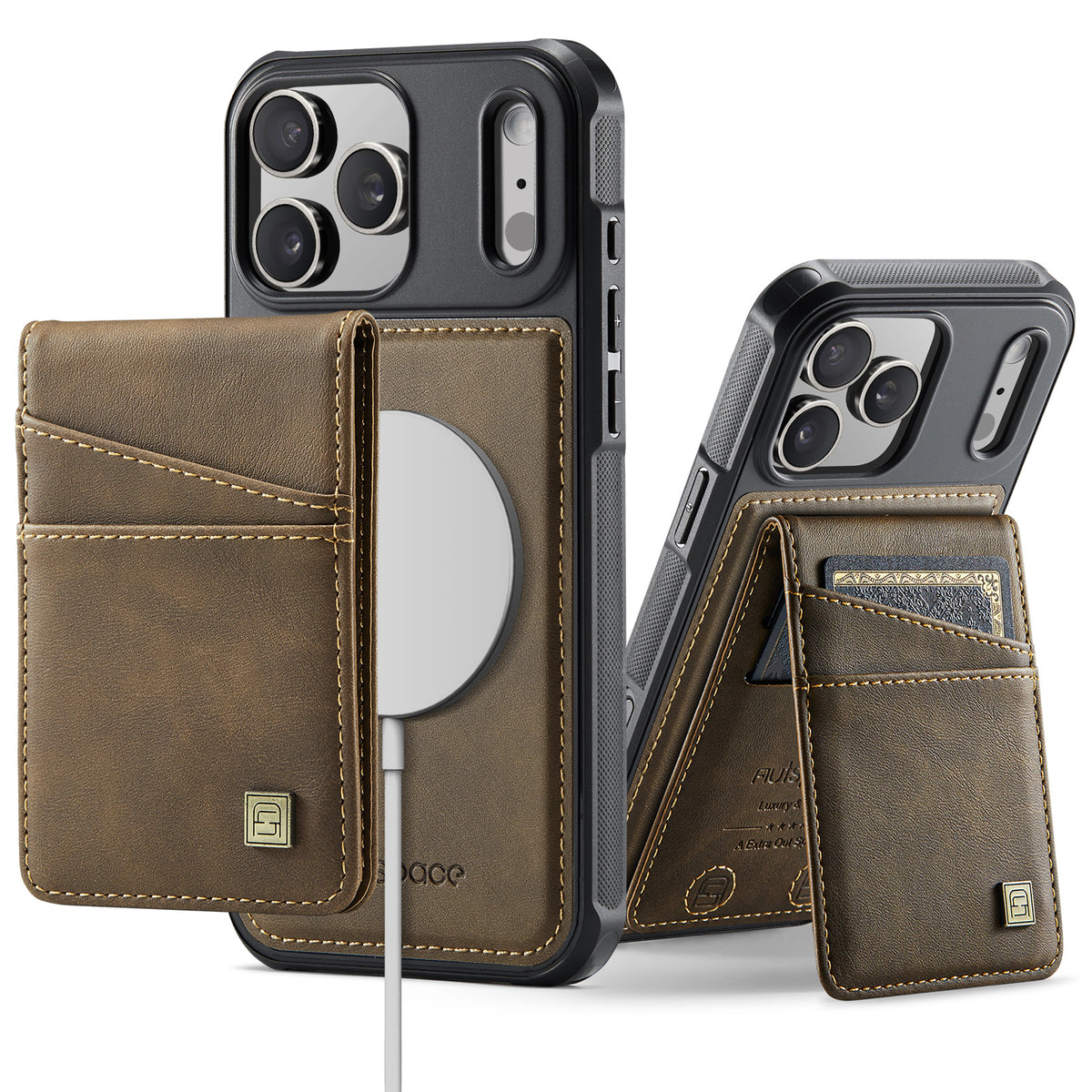 AUTSPACE for iPhone 17 Pro Max Case  A12 Leather Back Cover with Magnetic Detachable Card Bag Kickstand
