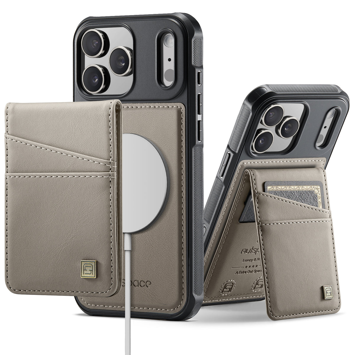 AUTSPACE for iPhone 17 Pro Max Case  A12 Leather Back Cover with Magnetic Detachable Card Bag Kickstand