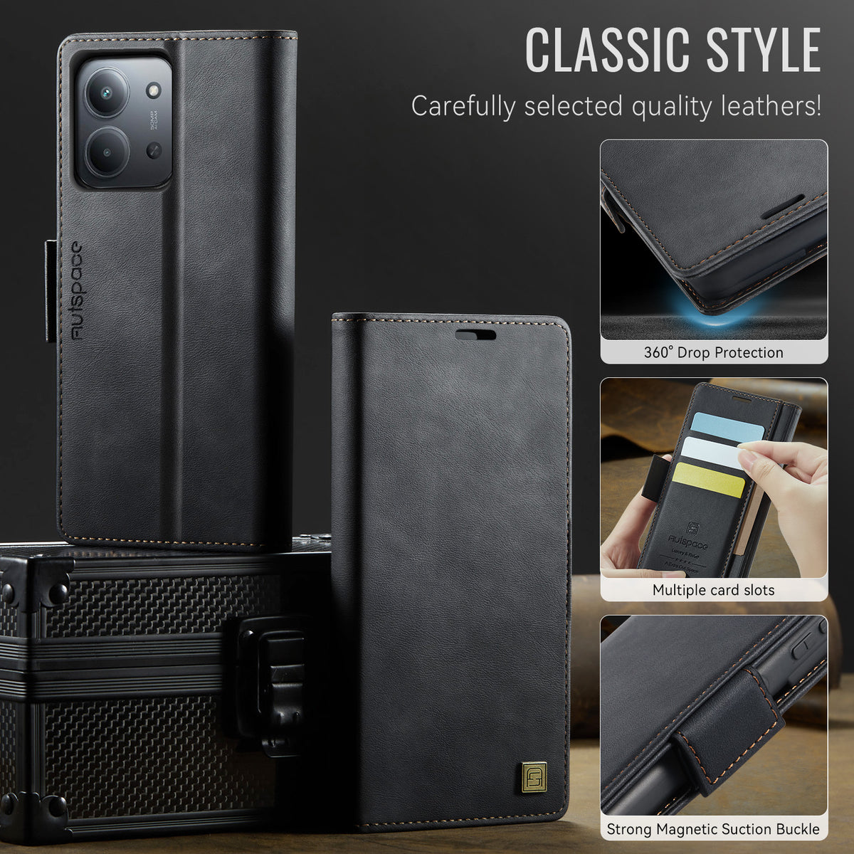 AUTSPACE for Xiaomi Redmi 15C 4G (EU) (173mm) / Xiaomi Redmi 15C 5G (EU) (173mm) A11 Case RFID Blocking Retro Leather Cell Phone Wallet Cover