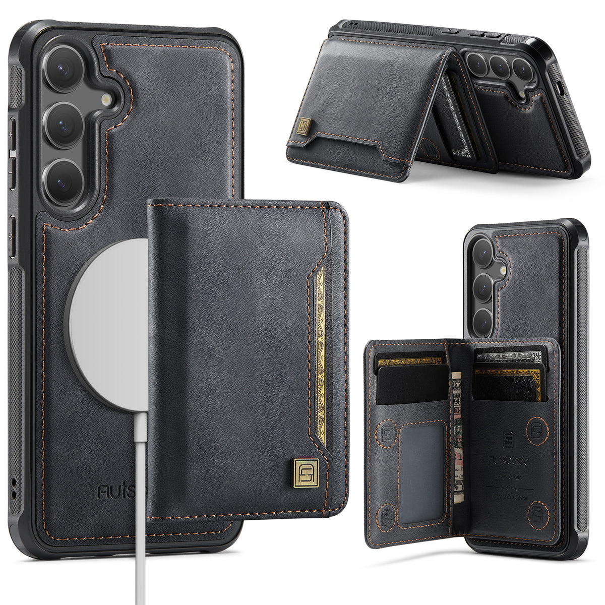 AUTSPACE for Samsung Galaxy S26+ Case  A13 Vintage Leather Back Cover with Magnetic Detachable Card Bag