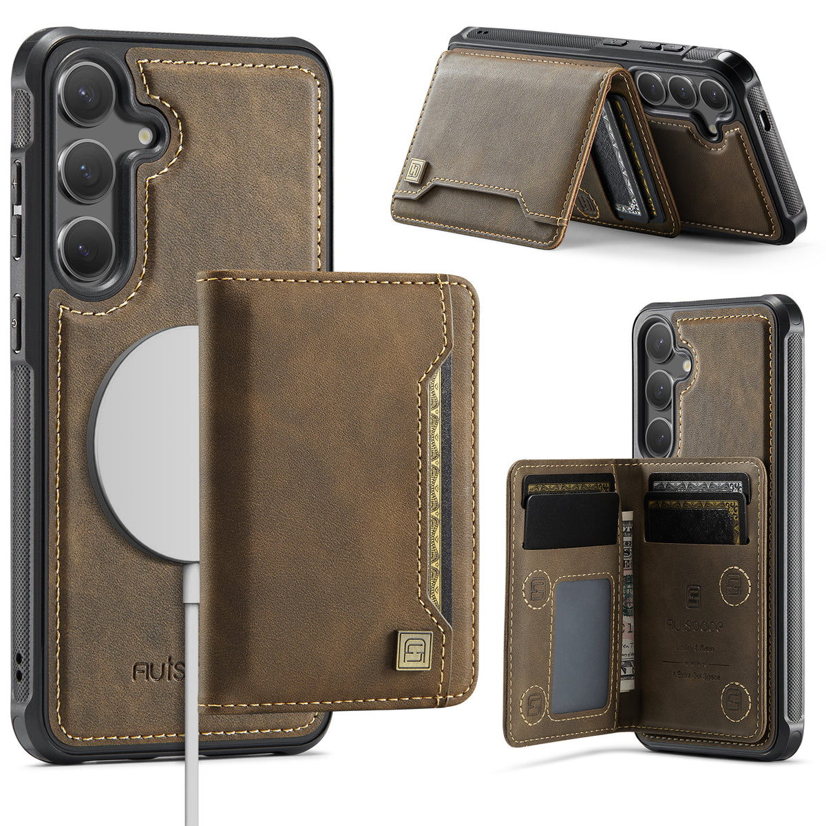 AUTSPACE for Samsung Galaxy S26+ Case  A13 Vintage Leather Back Cover with Magnetic Detachable Card Bag
