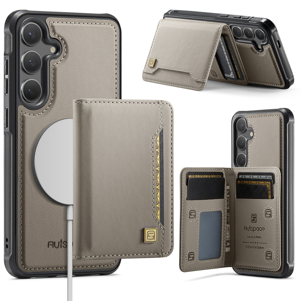 AUTSPACE for Samsung Galaxy S26+ Case  A13 Vintage Leather Back Cover with Magnetic Detachable Card Bag