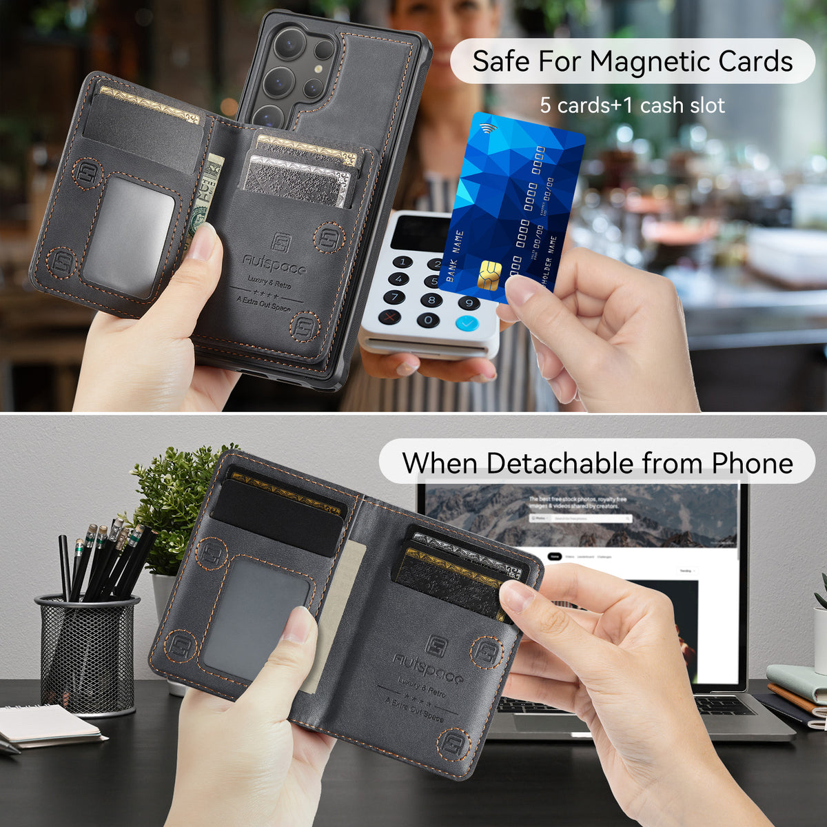 AUTSPACE for Samsung Galaxy S26 Ultra Case  A13 Vintage Leather Back Cover with Magnetic Detachable Card Bag