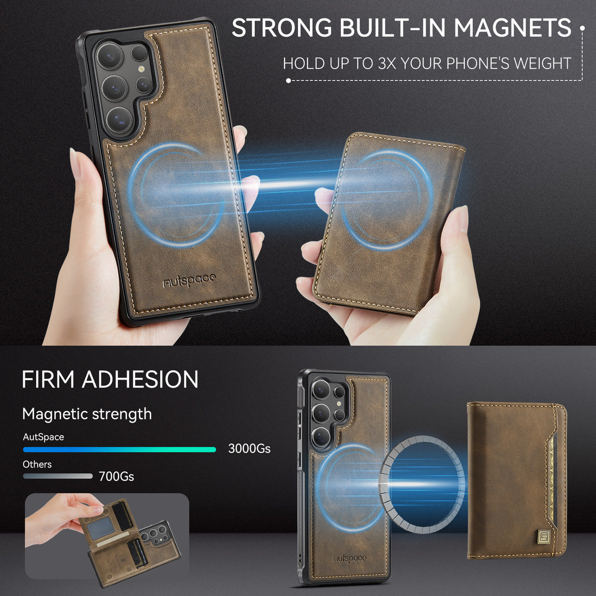 AUTSPACE for Samsung Galaxy S26 Ultra Case  A13 Vintage Leather Back Cover with Magnetic Detachable Card Bag