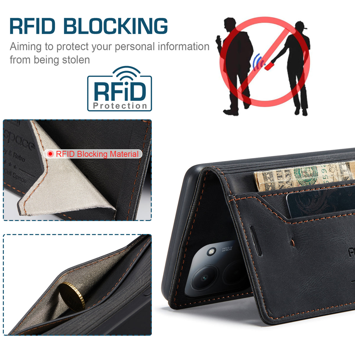 AUTSPACE A01-læderetui med RFID-blokerende kortholder til Xiaomi Redmi 15C 5G (EU) (173 mm) / Xiaomi Redmi 15C 4G (EU) (173 mm)