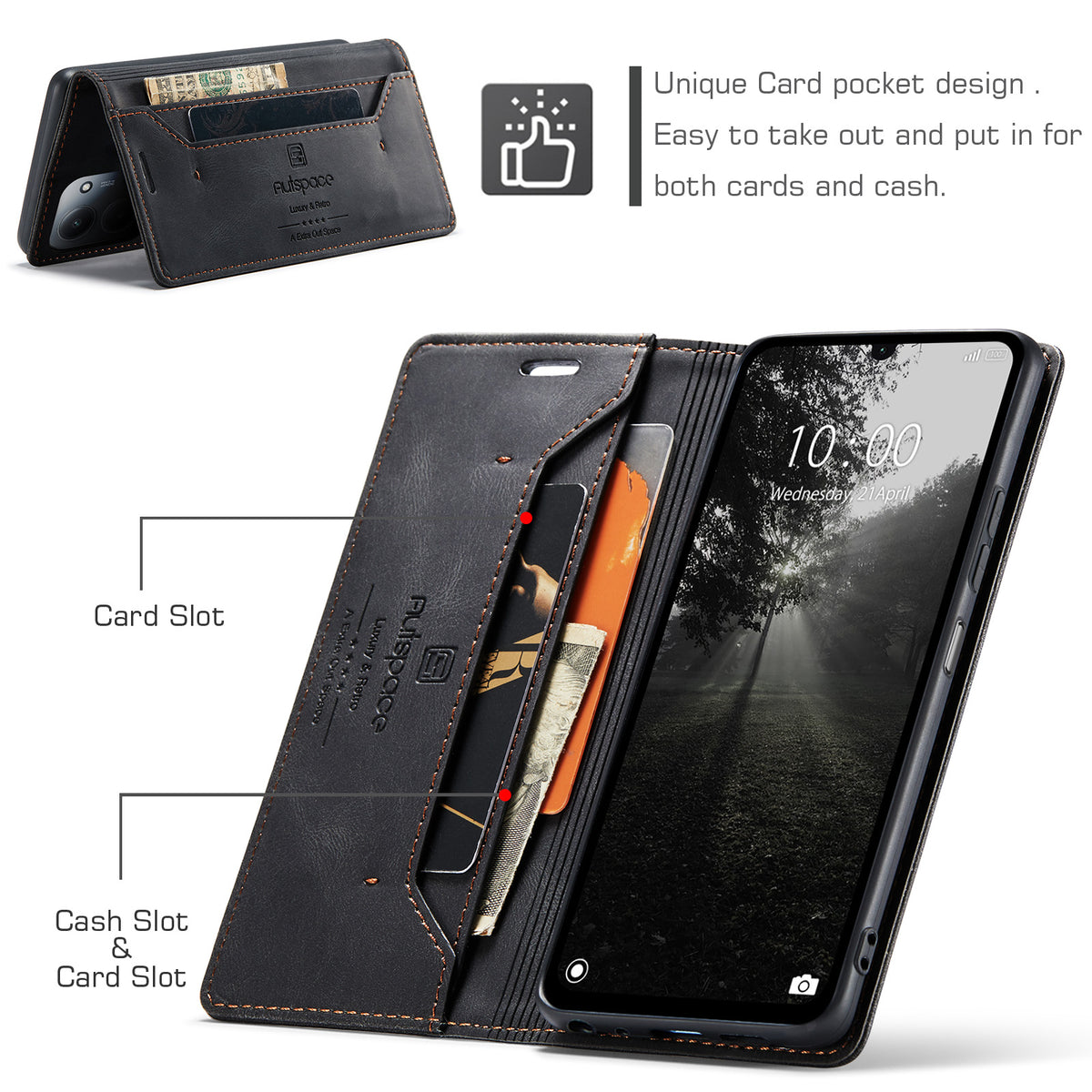 AUTSPACE A01-læderetui med RFID-blokerende kortholder til Xiaomi Redmi 15C 5G (EU) (173 mm) / Xiaomi Redmi 15C 4G (EU) (173 mm)