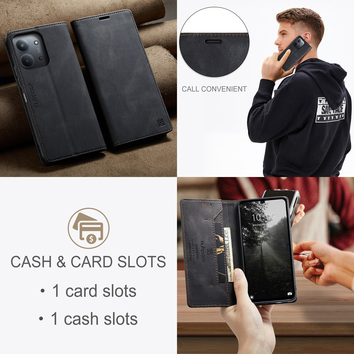 AUTSPACE A01-læderetui med RFID-blokerende kortholder til Xiaomi Redmi 15C 5G (EU) (173 mm) / Xiaomi Redmi 15C 4G (EU) (173 mm)