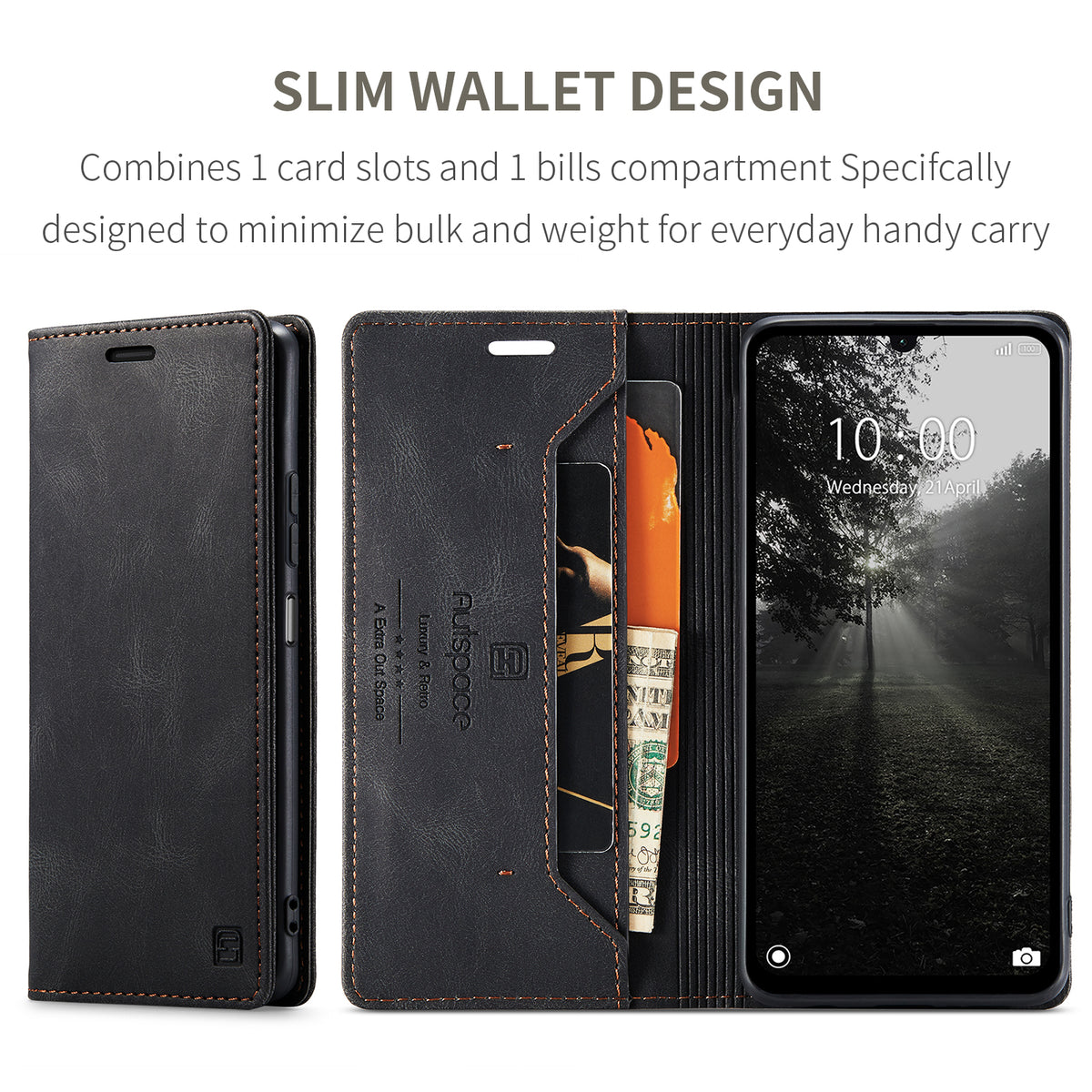 AUTSPACE A01-læderetui med RFID-blokerende kortholder til Xiaomi Redmi 15C 5G (EU) (173 mm) / Xiaomi Redmi 15C 4G (EU) (173 mm)