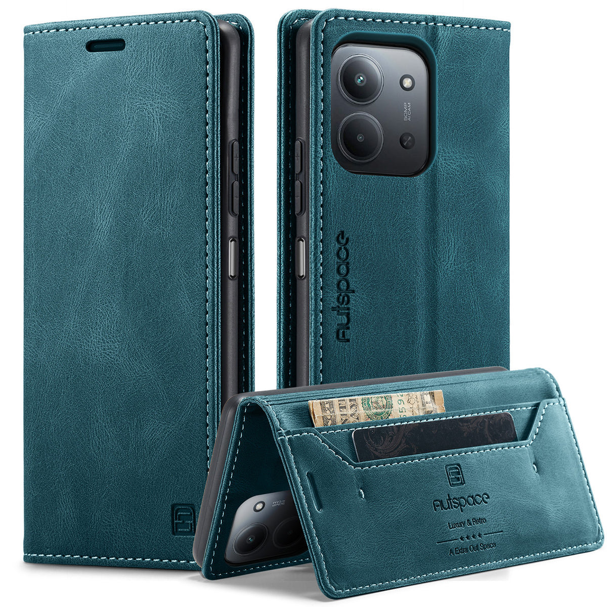 AUTSPACE A01-læderetui med RFID-blokerende kortholder til Xiaomi Redmi 15C 5G (EU) (173 mm) / Xiaomi Redmi 15C 4G (EU) (173 mm)