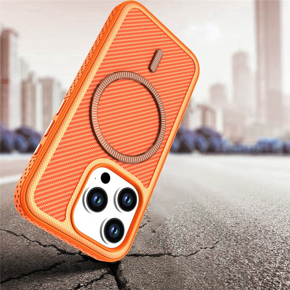 For iPhone 14 Pro Max Magnetic Case Carbon Fiber Texture PC + TPU Phone Cover with Independent Button