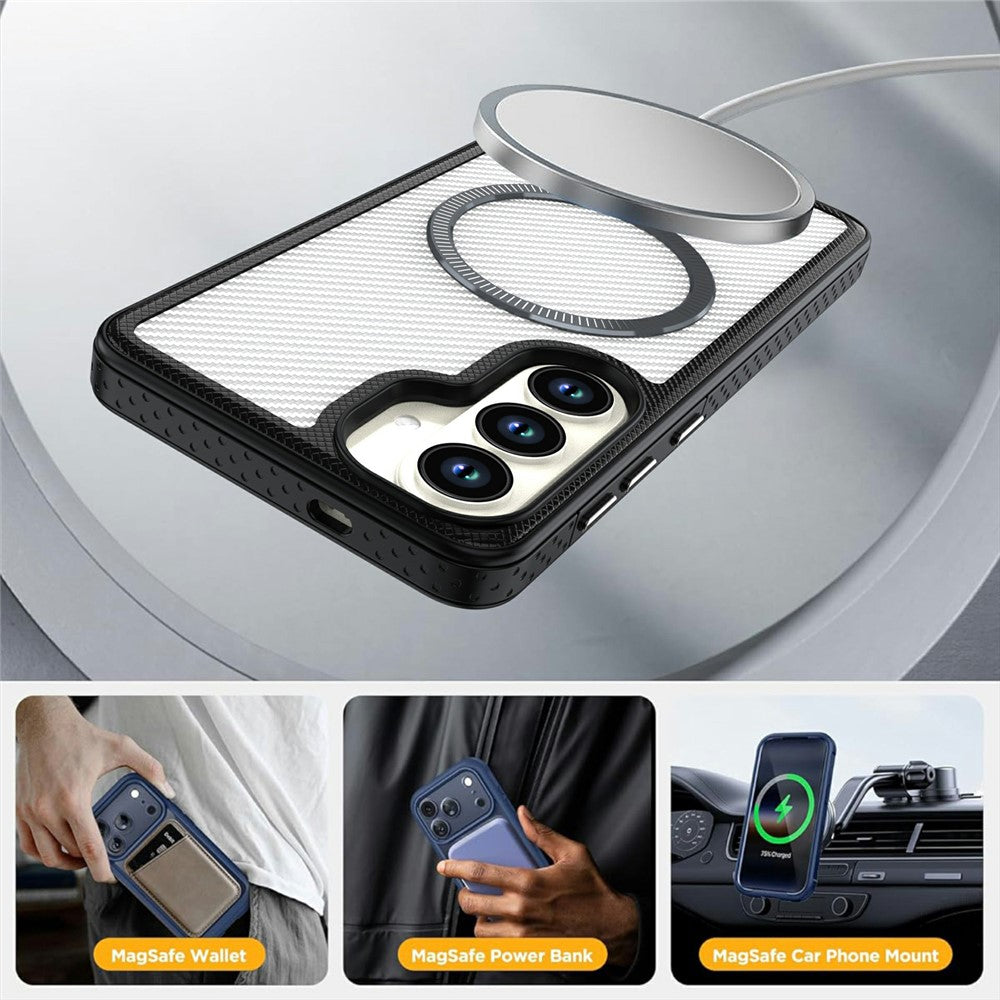 For Samsung Galaxy S26+ Magnetic Case Carbon Fiber Texture PC + TPU Phone Cover with Independent Button