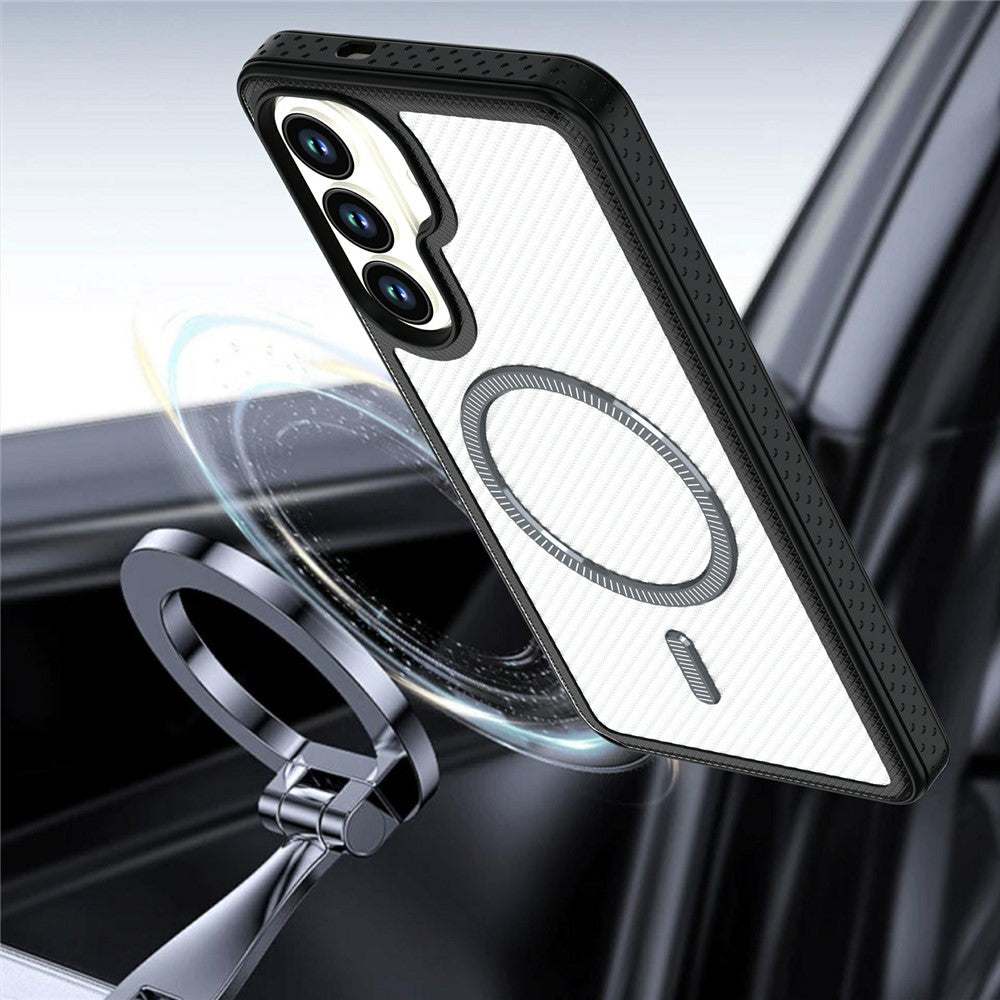 For Samsung Galaxy S26+ Magnetic Case Carbon Fiber Texture PC + TPU Phone Cover with Independent Button