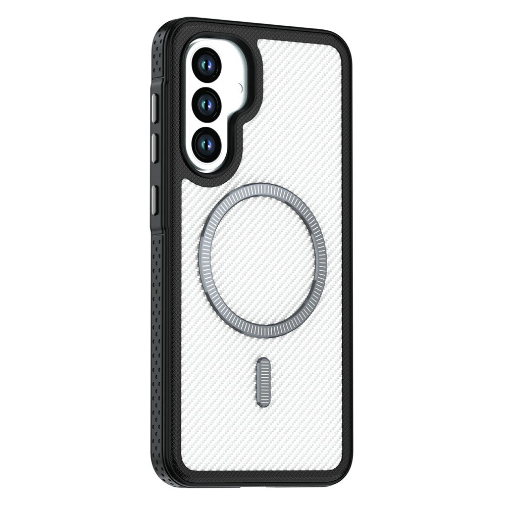 Til Samsung Galaxy A36 5G Magnetisk Etui Kulfiber Tekstur PC + TPU Telefoncover med Uafhængig Knap