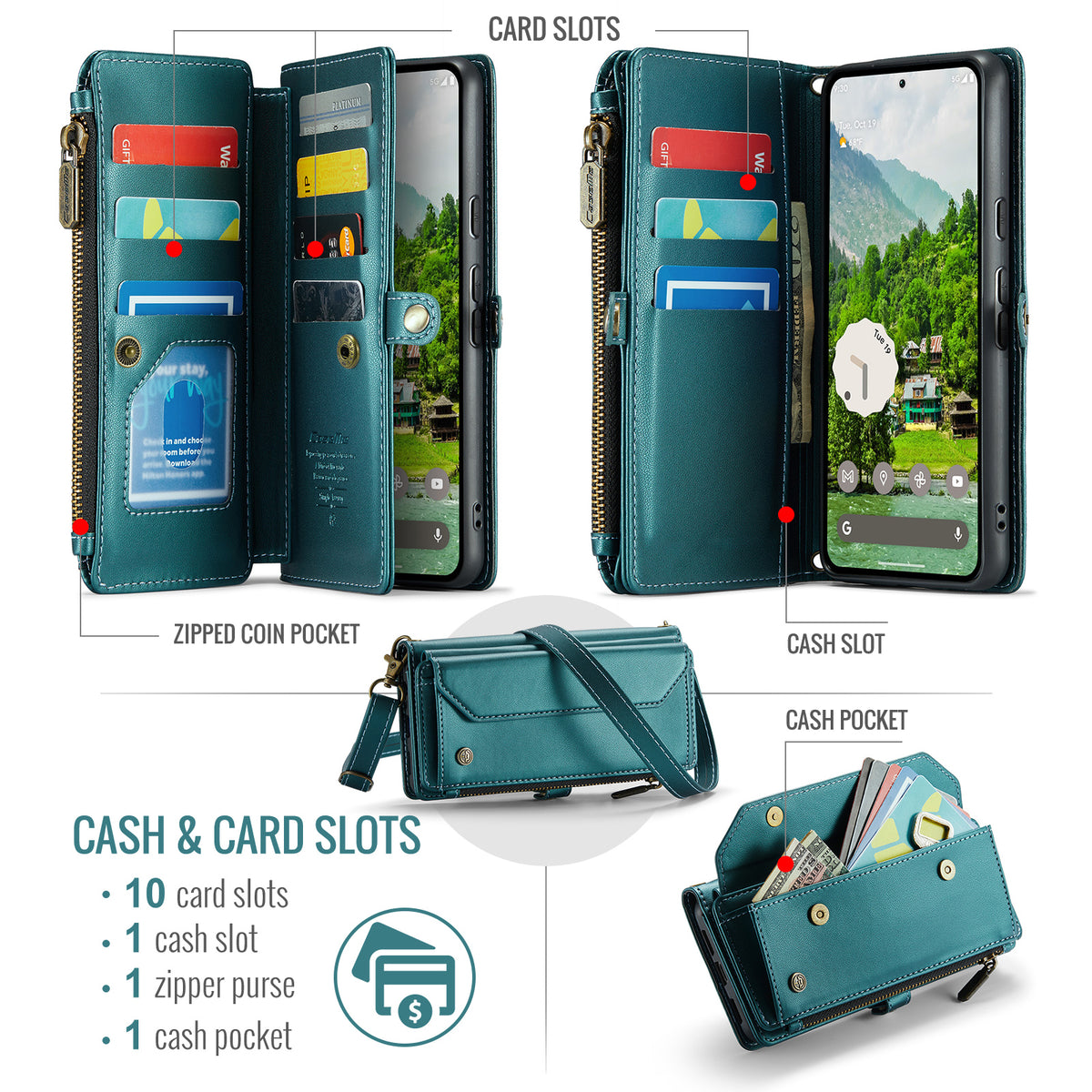 CASEME til Google Pixel 11 Pro XL C36 lædercover med lynlås, 10 kortpladser og rem