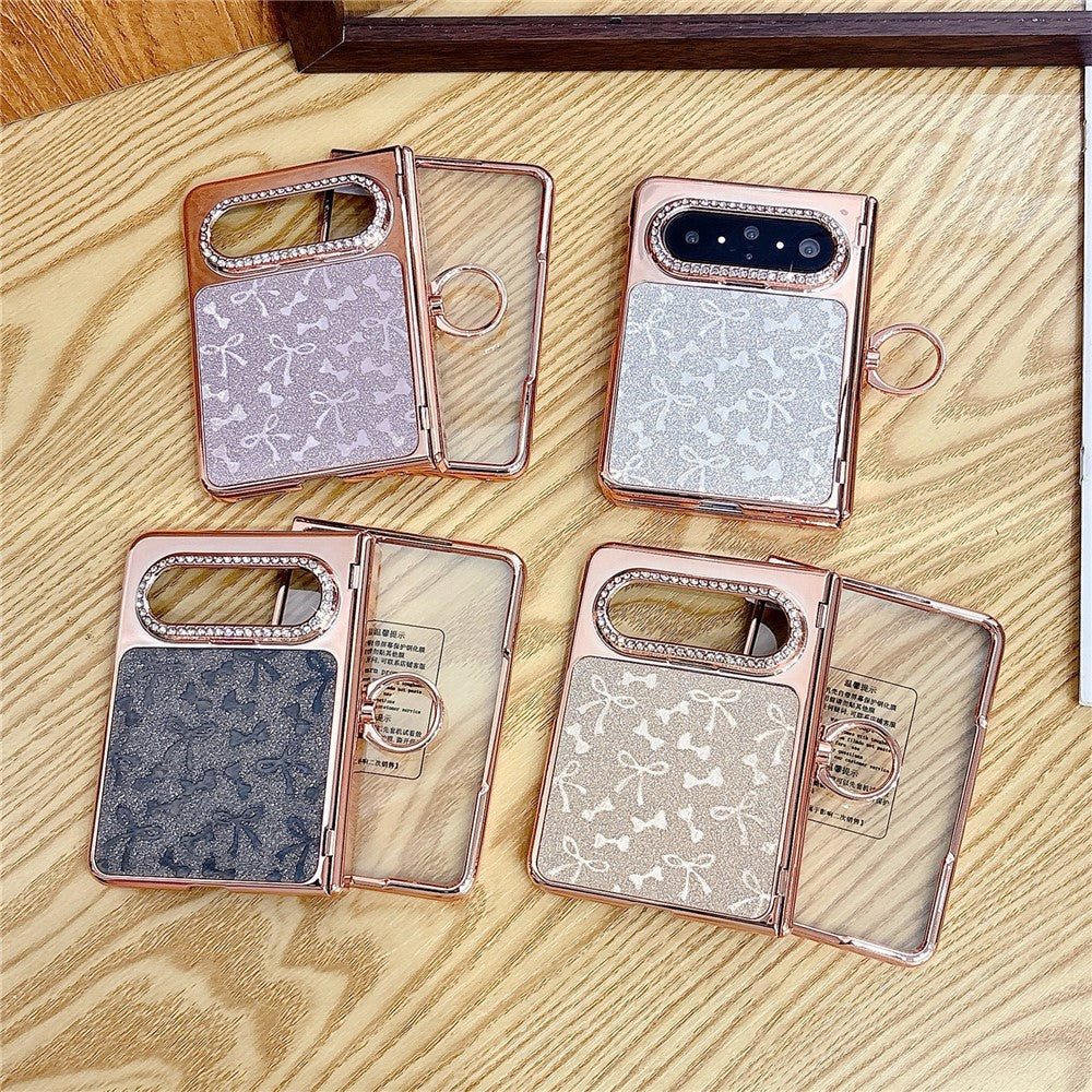 For Huawei Pura X Max Case Ring Kickstand Bow Pattern Glitter PC Phone Cover with Screen Protector