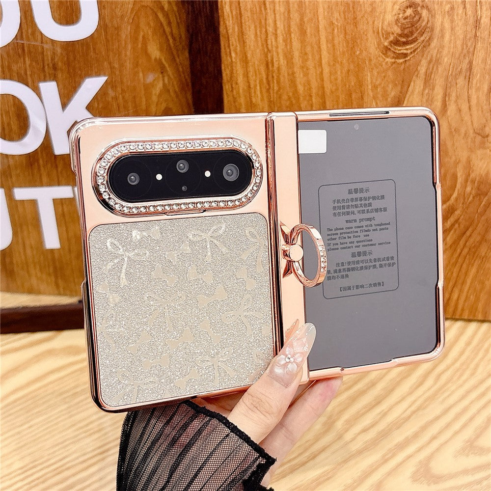For Huawei Pura X Max Case Ring Kickstand Bow Pattern Glitter PC Phone Cover with Screen Protector